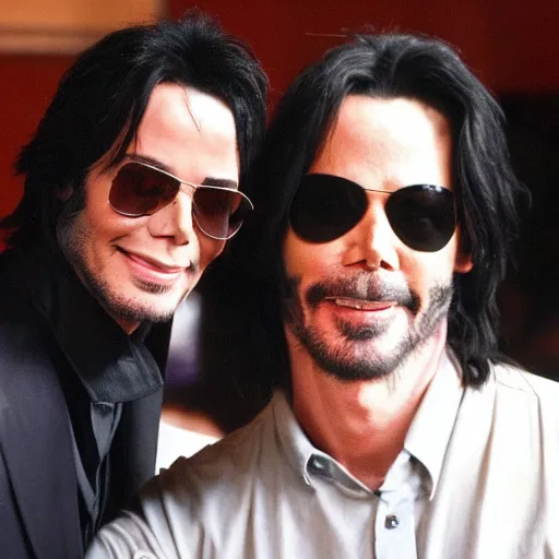 Image similar to Michael Jackson takes selfie with Keanu Reeves at Matrix scene