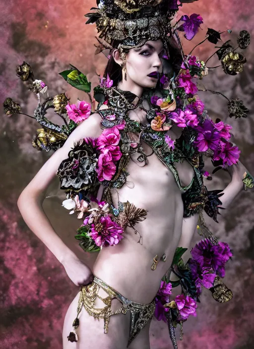 Image similar to full body environmental portrait photo of a female model, ornate headpiece made from flowers, ornaments, glamour shot by gemmy woud - binnendijk, chris knight, photorealistic, canon r 3, fashion photography, ornate, symmetrical features, octane render, unreal engine, solid dark background, clamp shell lighting, rim lighting