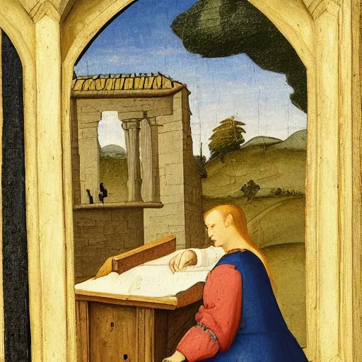 Prompt: medieval renaissance romance style painting of a peasant sitting at a desk using a personal computer