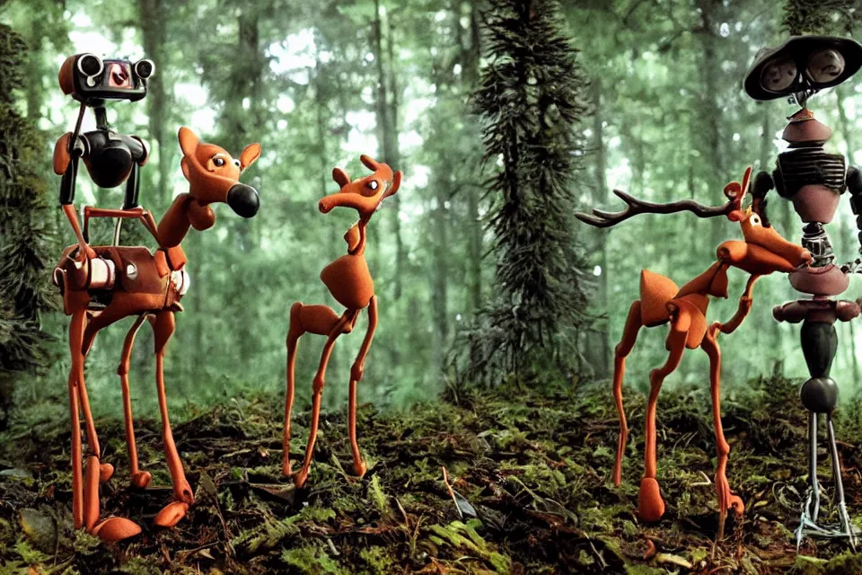 Image similar to a breathtaking claymation film still of a deer and a robot in the forest. claymation by bruce bickford