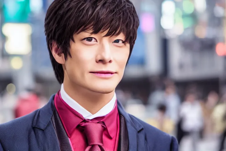 Image similar to close up photo of tamaki suoh from the live action adaptation of ouran highschool host club, shot on location at shibuya crossing, red weapon 8 k s 3 5, cooke anamorphic / i lenses, highly detailed, cinematic lighting