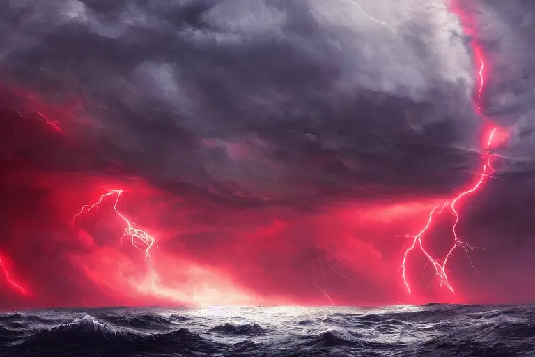 Image similar to monstrous tornado over stormy seas, night, backlit, red sprites, hyperdetailed, cgsociety, artstation