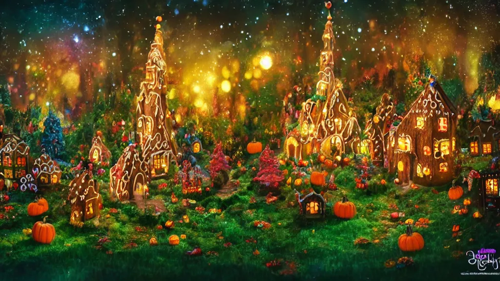 Prompt: gingerbread candy village, cinematic scene, studio lighting, colorful, fantasy, fairytale, intricate, forest, fireflies, flowers, halloween, christmas, hansel and gretel, background blur, bokeh, medium shot, visually stunning, ( matte painting, concept art, trending on artstation, artgerm, cgsociety )