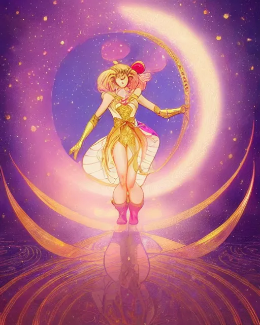 Prompt: sailor moon dancing with crescent moon background, highly detailed, gold filigree, romantic storybook fantasy, soft cinematic lighting, award, sisney concept art watercolor illustration by mandy jurgens and alphonse mucha and alena aenami, pastel color palette, featured on artstation