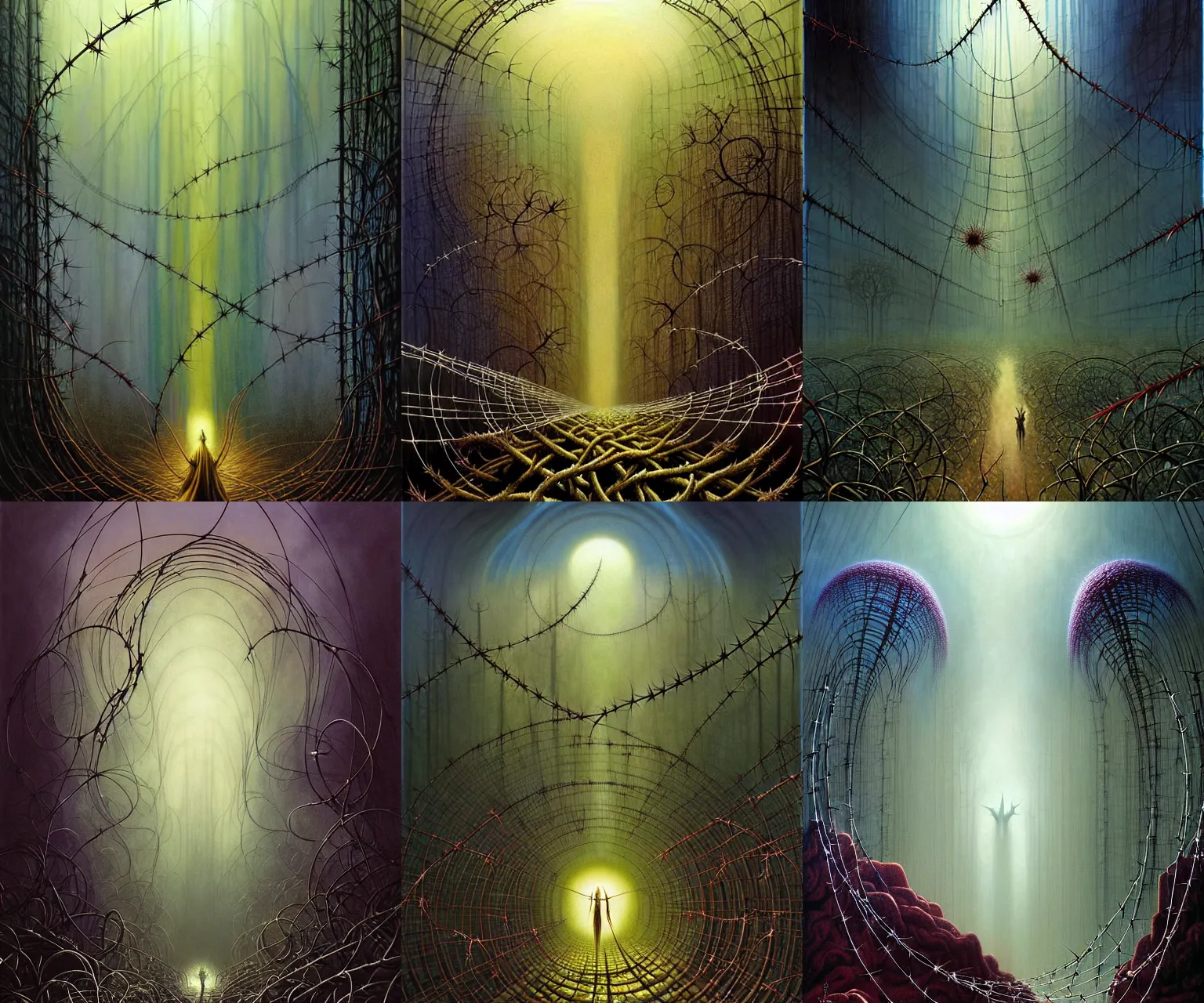 Prompt: a cinematic masterpiece painting of exotic alien mystical gothic forest of despair and misery at midnight, exotic flora barbed-wire thorns and wires, by Marc Simonetti, by Alex Grey, by Wayne Barlowe, by Paul Lehr, by Tim Hildebrandt, by Bruce Pennington, by Zdzisław Beksiński, oil on canvas, masterpiece, trending on artstation, featured on pixiv, cinematic composition, beautiful lighting, sharp, details, hyper-detailed, no frames, HD, HDR, 4K, 8K