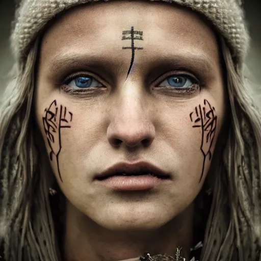 Prompt: portrait of a stunningly beautiful nordic tribal female, depth of field, zeiss lens, detailed, symmetrical, centered, fashion photoshoot, by Annie Leibovitz and Steve McCurry, David Lazar, Jimmy Nelsson, Breathtaking, 8k resolution, extremely detailed, beautiful, establishing shot, artistic, hyperrealistic, beautiful face, octane render