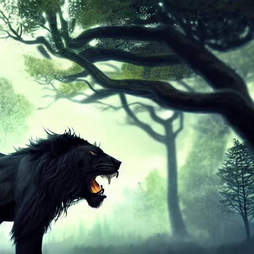 Image similar to epic photography of black lion with gold lightnings in the fur surrounded by ancient trees, colossal scale ,hyperdetailed, artstation, cgsociety, 8k