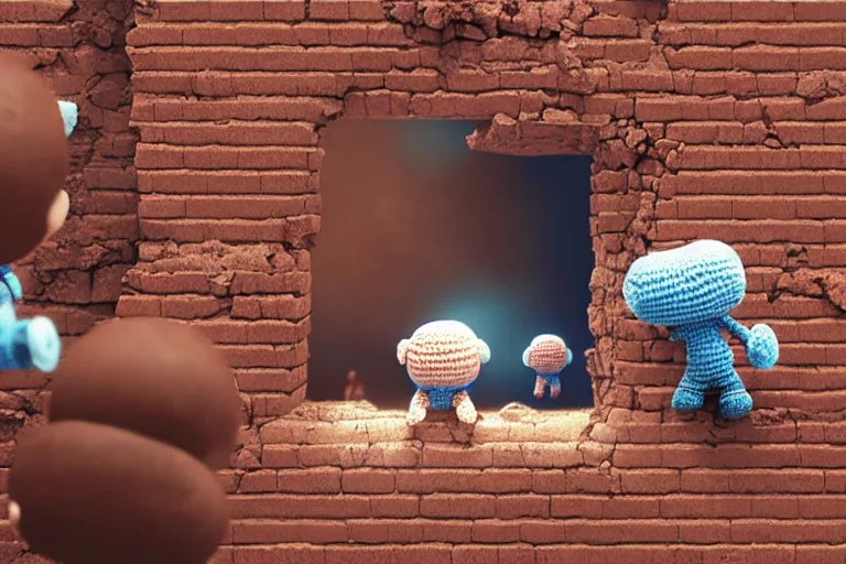 Image similar to an expedition of crochet cute astronauts discovering a hole of a brick wall. cute, illustration, digital art, inspired by little big planet, by greg rutkowski, detailed, sharp, masterpiece, highly detailed, photorealistic, octane render, 8 k, unreal engine 5, trending on artstation, vivid colors