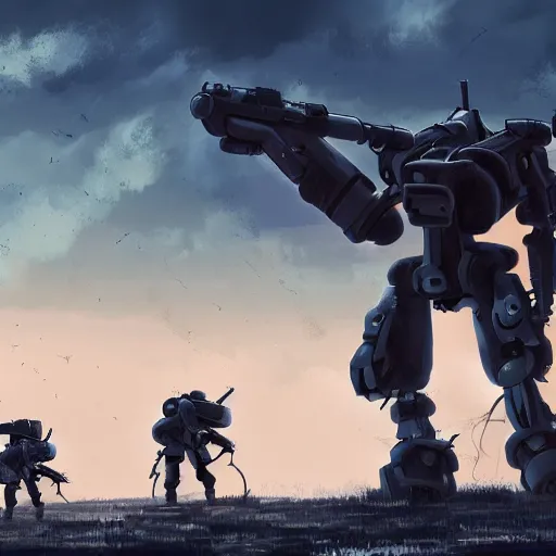 Image similar to a mech with guns on each arm preparing for combat, battlefield, dead trees, fire, smoke, dark clouds, slightly sunny, ominous, intense, epic, extremely detailed, cinematic lighting, studio ghibli, anime,