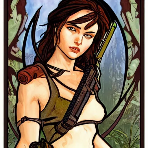 Prompt: lara croft, mucha style,