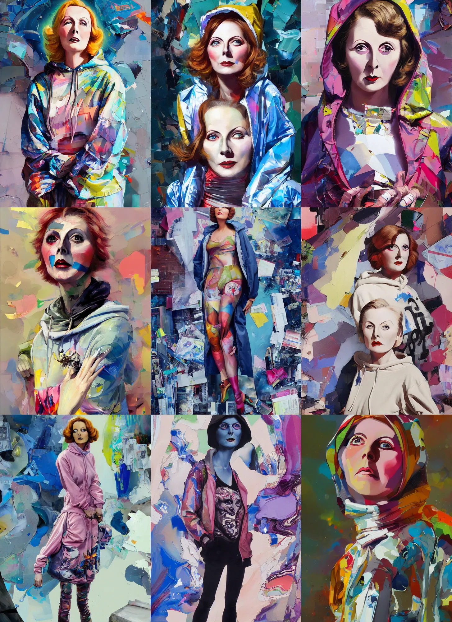 Prompt: 2 5 year old greta garbo in style of martine johanna and donato giancola, wearing hoodie, standing in township street, street fashion outfit,!! haute couture!!, full figure painting by john berkey, david choe, ismail inceoglu, detailed impasto, 2 4 mm, die antwoord music video