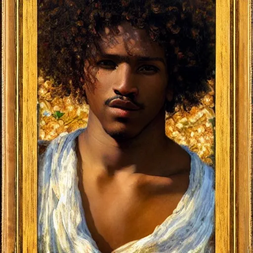 Image similar to east african man with curly hair, full body, fedosenko roman, j. w. godward, jose miguel roman frances, intricate details, countryside, dreamy, impressionist, figurative