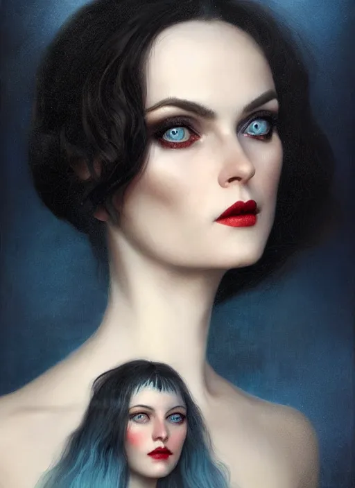 Image similar to a sinister portrait of an woman with beautiful blue eyes and dark hair, art by manuel sanjulian and tom bagshaw