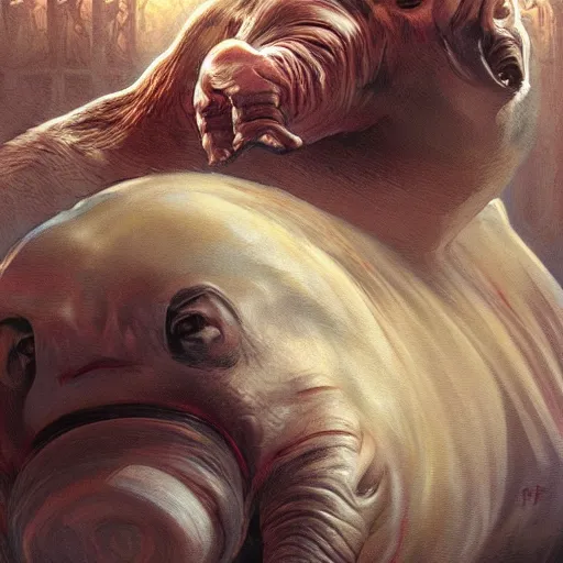 Image similar to Vladimir Putin is a huge pig in dirt, intricate, highly detailed, digital painting, artstation, concept art, smooth, sharp focus, illustration, evil, horrifying, art by artgerm and greg rutkowski and alphonse mucha