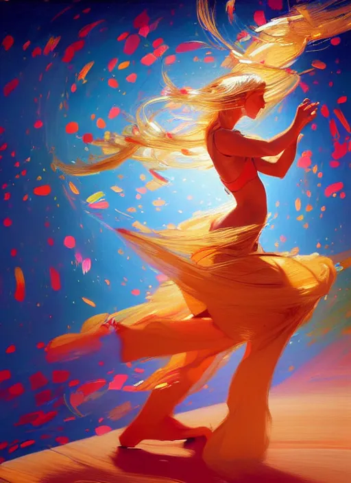 Image similar to a ultradetailed beautiful panting of a blonde woman spinning around wearing a tapestry, dancing, background explosion, by jesper ejsing, ilya kuvshinov, greg rutkowski on artstation