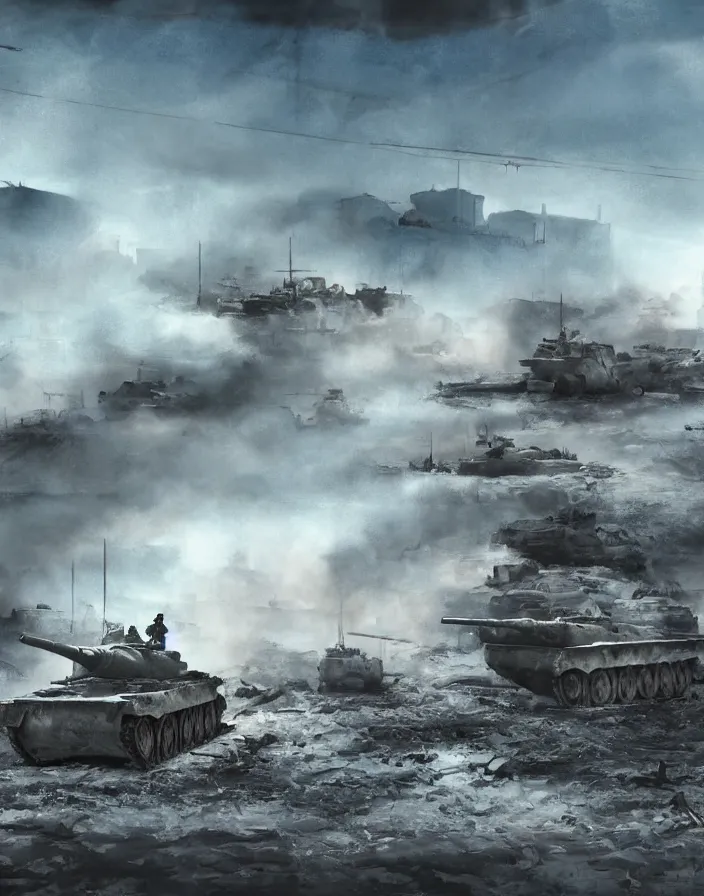 Prompt: Concept art of random World War 2 cinematic scenes in winter, german and soviet soldiers, some tanks and buildings destroyed, blue sky, mist, boixcar style, matte painting, vaporwave vaporwave vaporwave watercolor cover art with warm and vibrant colors, volumetric light, oil on canvas art by Raoul Vitale, award-winning masterpiece with incredible and beautiful details digital art, trending on artstation, smooth, HD, 4K