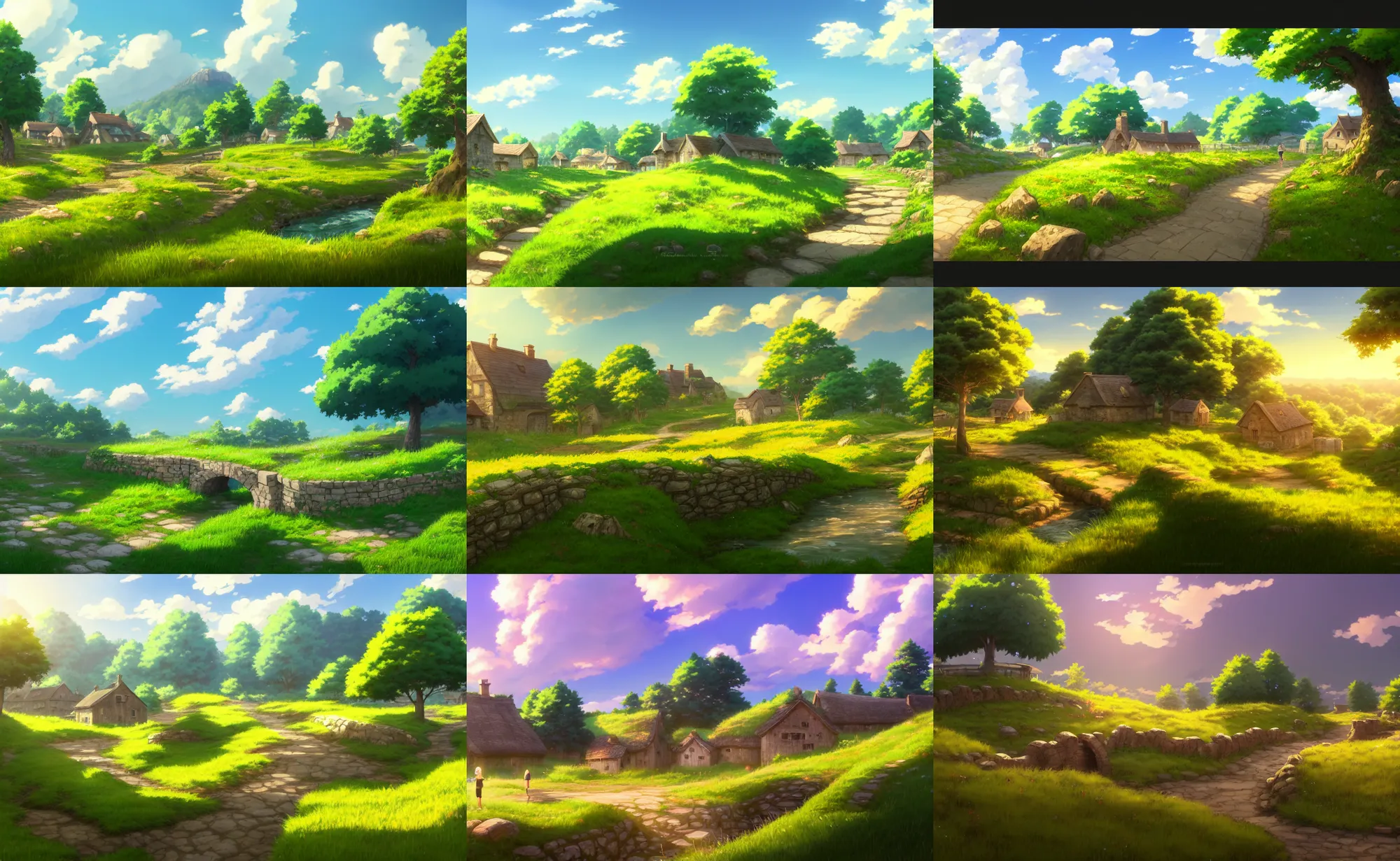 Prompt: an anime movie background matte painting of a meadow in the countryside, rolling hills, cottages, crops, cobblestone road, rough wooden fence, babbling brook, stone wall, by Makoto Shinkai, trending on Artstation, highly detailed