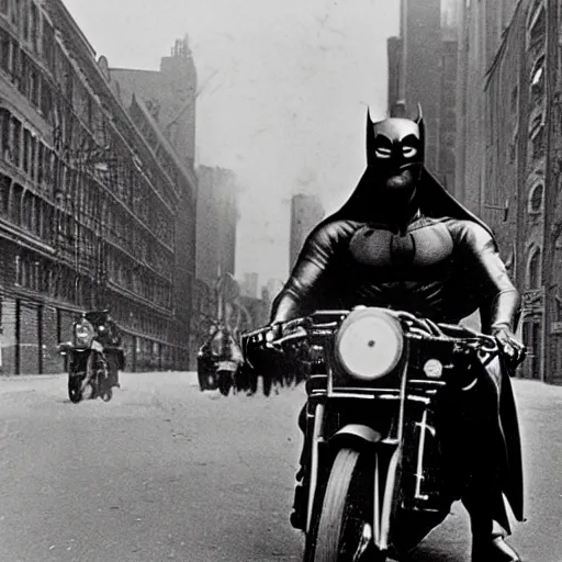 Prompt: old black and white photo, 1 9 1 3, depicting batman on a motorcycle from dark knight racing through the bustling streets of new york city, rule of thirds, three - point perspective, historical record