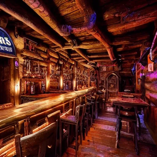 Image similar to a bar with medieval style interior, but covered in neon lights everywhere. walls are covered with arms and coats of teuntonic order, everything shines with rgb lights. ancient cabin with cyberpunk features. walls have medieval european weapons, relics flashing with purple light, hardwood tables in style of old 1 4 th century tavern. teutonic flags eveywhere.