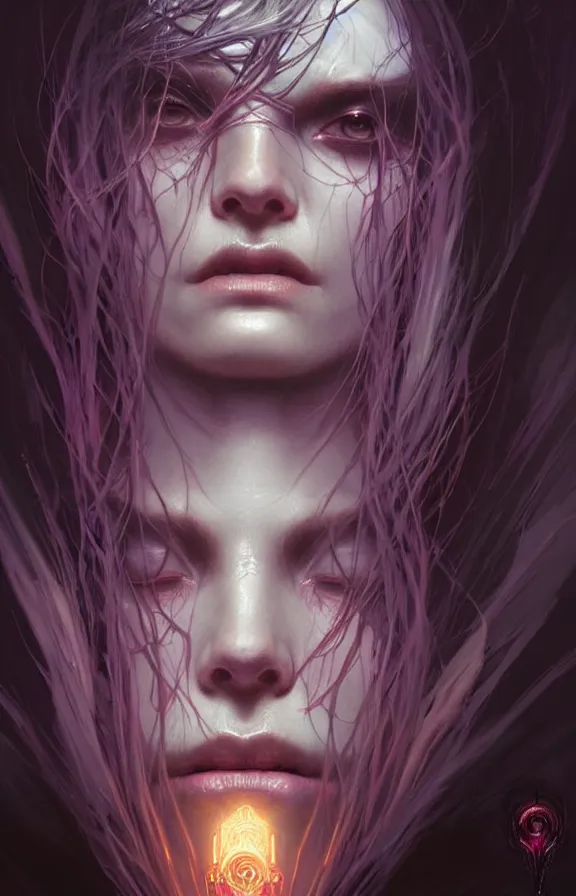 Image similar to Necromancer Sorceress face close-up macro in center, fantasy magic, undercut hairstyle, dark light night, intricate, elegant, sharp focus, illustration, highly detailed, digital painting, concept art, matte, art by WLOP and Artgerm and Greg Rutkowski and Alphonse Mucha, masterpiece