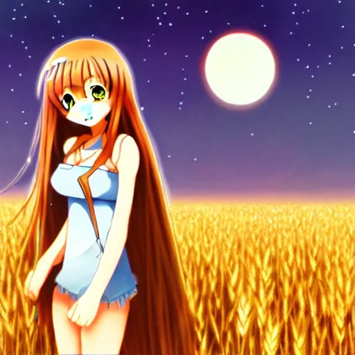 Image similar to anime illustration of Holo from Spice and Wolf standing in a wheat field at sunset, Holo is a wolf girl, high detail, trending on pixiv