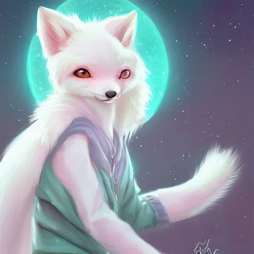 Image similar to aesthetic portrait commission of a albino cute furry anthro winter fox wearing a cute mint colored cozy soft pastel winter outfit with the full moon in the background , soft snowy winter Atmosphere. Character design by charlie bowater, ross tran, artgerm, and makoto shinkai, detailed, inked, western comic book art, 2021 award winning painting
