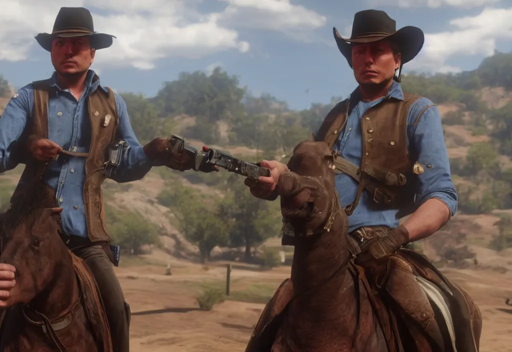 Image similar to elon musk in the red dead redemption 2, elon musk in the video game red dead redemption 2, gameplay screenshot, close up, 3 d rendering. unreal engine. amazing likeness. very detailed.