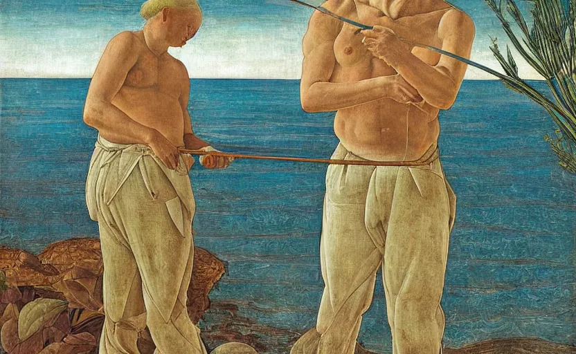 Prompt: painting of Urho Kekkonen fishing in Hawaii by Sandro Botticelli, clear texture, calm, pastel colors