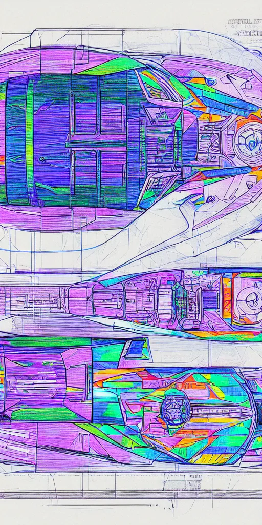 Image similar to blueprint of a spaceship, technical draw, concept art, extreme detail, 3 5 mm, colorful, nyan colors