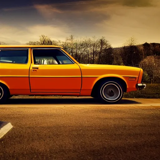Image similar to 1 9 7 3 ford pinto stationwagon, orange - yellow color, wide - angle lens, dramatic lighting, cool marketing photo