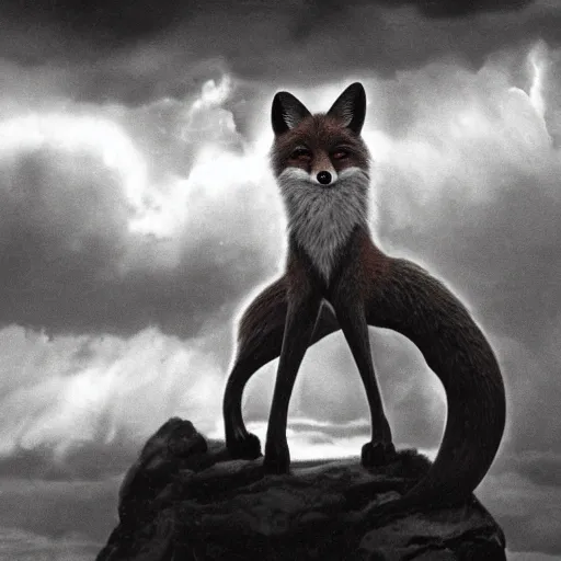 Prompt: anthropomorphic fox!! who is a med - ieval kn - ight holding a swo - rd towards a stormy thundercloud [ 1 9 3 0 s film still ], ( fantasy castle in the background )