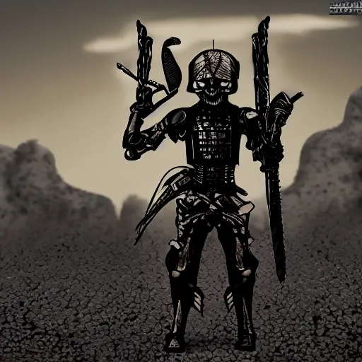 Image similar to rengoku tower of purgatory, combat android, katana arms, sword arms, shoulder cannon, modern military, skeletal face, military prototype, photography, desert.