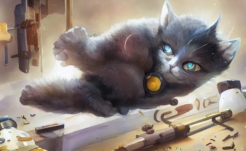Prompt: an adorable space cat sleeping on a mechanics workbench in a utopian animated film, artwork by artgerm and studio ghibli and benedick bana