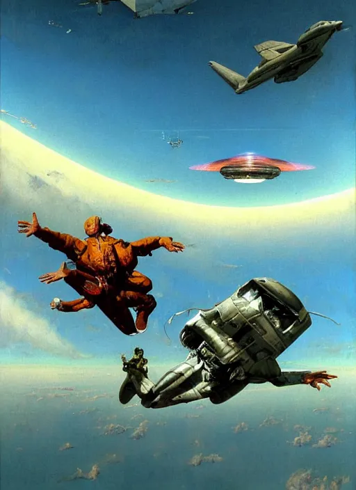 Prompt: realistic detailed image of two fighter pilots flying in the sky being chased by an alien spacecraft in the style of Francis Bacon, Surreal, Norman Rockwell and James Jean, Greg Hildebrandt, and Mark Brooks, triadic color scheme, By Greg Rutkowski, in the style of Francis Bacon and Syd Mead and Edward Hopper and Norman Rockwell and Beksinski, open ceiling, highly detailed, painted by Francis Bacon, painted by James Gilleard, surrealism, airbrush, Ilya Kuvshinov, WLOP, Stanley Artgerm, very coherent, art by Takato Yamamoto and James Jean