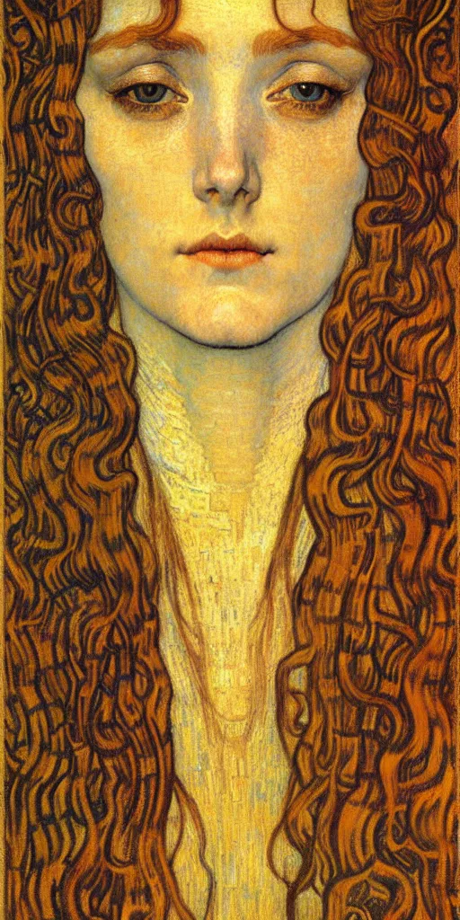 Image similar to detailed realistic beautiful young medieval queen face portrait by jean delville, gustav klimt and vincent van gogh, art nouveau, symbolist, visionary, gothic, pre - raphaelite, muted earthy colors, desaturated