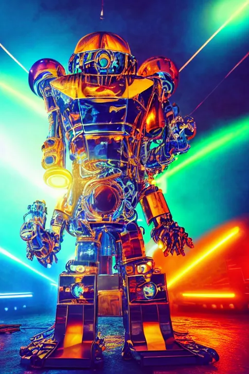 Image similar to portrait photo of a giant huge golden and blue metal futuristic steampunk robot covered with multicolored big gears and tubes, eyes are glowing red lightbulbs, robot holds a huge red electric guitar, shiny crisp finish, 3 d render, 8 k, insaneley detailed, fluorescent colors, background is multicolored lasershow