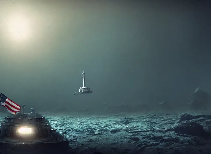 Image similar to astronaut holding a flag in an underwater desert. a submarine is visible in the distance. dark, concept art, cinematic, dramatic, atmospheric, 8 k, trending on artstation, blue, fish, low visibility, fog, ocean floor, christopher nolan, interstellar