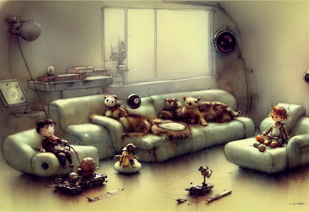 Image similar to adventurer ( ( ( ( ( 1 9 5 0 retro futuristic minimalistic living room. muted colors. toys laying around ) ) ) ) ) by jean baptiste monge