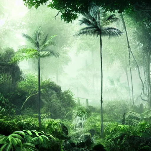 Prompt: !dream A realistic detailed photo of a futuristic jungle, alien plants, grey sky, hidden animals, some fallen trees, foggy landscape, light particles, detailed light, realistic shaders, trending on artisation, detailed textures, detailed, realistic