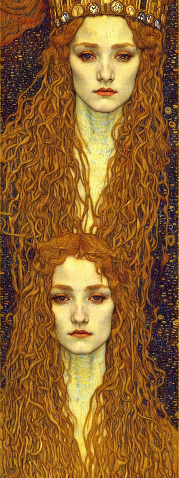 Image similar to detailed realistic beautiful young medieval queen face portrait by jean delville, gustav klimt and vincent van gogh, art nouveau, symbolist, visionary, gothic, pre - raphaelite, muted earthy colors, desaturated