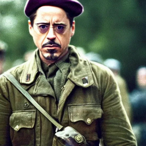 Prompt: robert downey jr as a us ww 2 soldier during the liberation of france, highly detailed, cinematic lighting, photorealistic