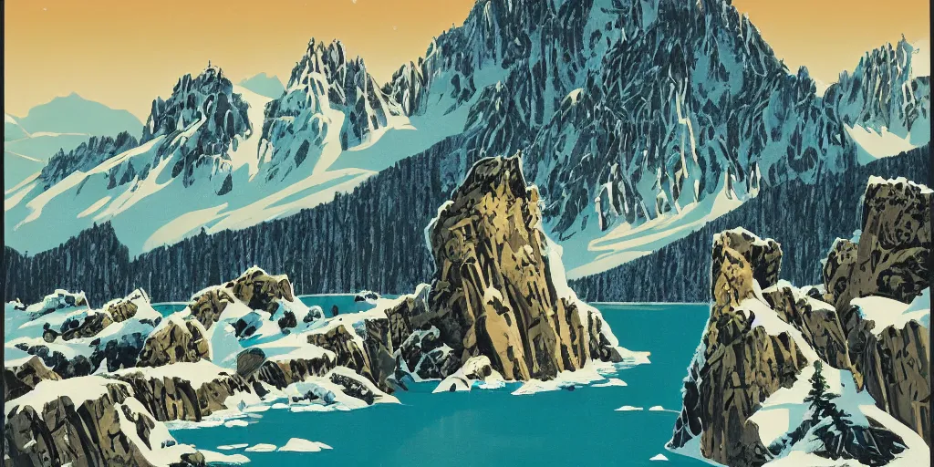 Image similar to idyllic poster of a craggy icy ski resort with large pillars of rock and no trees