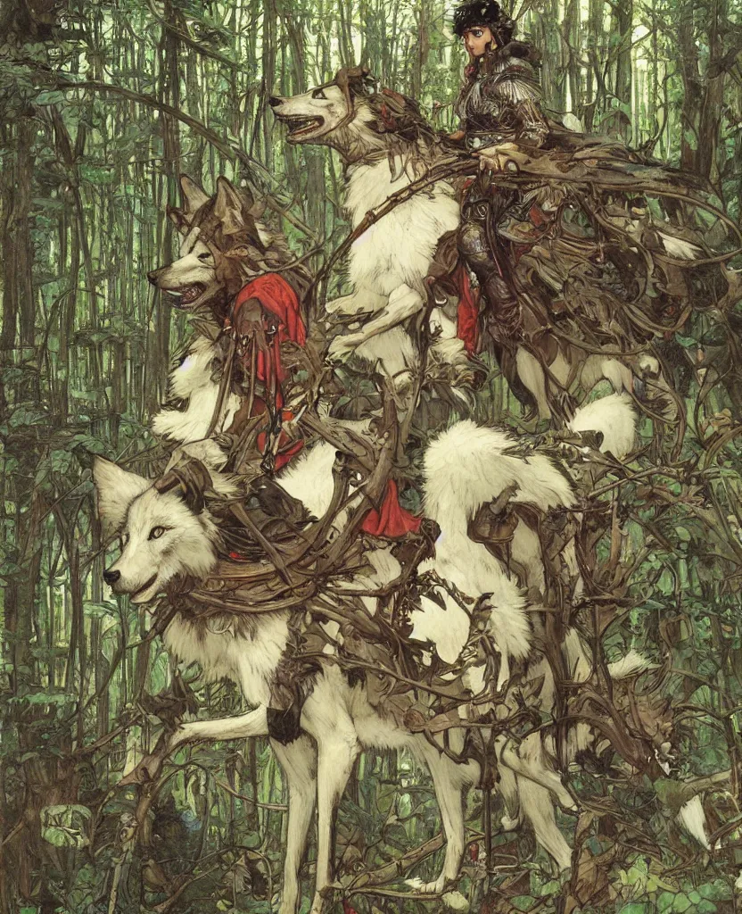 Prompt: portrait of Princess Mononoke, wolves, fully clothed in armor, lush forest, neon, concept art, schematics, painted by norman rockwell, mucha, james gurney, high detail, denoised, sharp, architectural