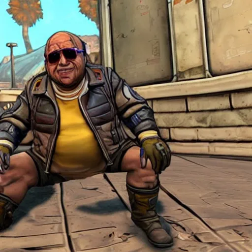 Image similar to a screenshot of danny devito in the video game borderlands 2. 3 d rendering, unreal engine. amazing likeness. very detailed. cartoon caricature