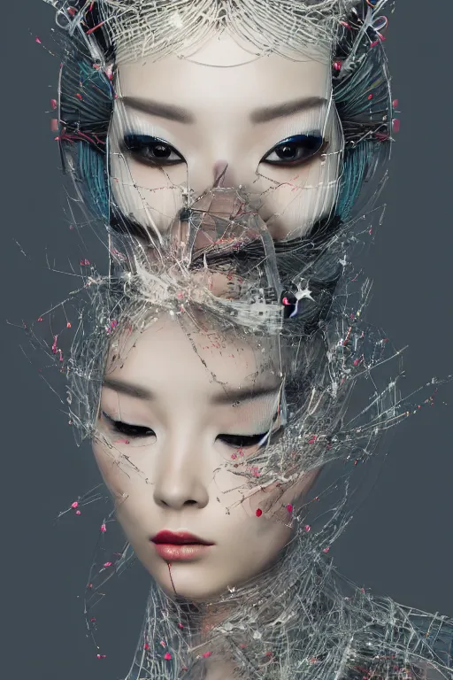 Prompt: A masterpiece portrait of a Incredibly cyber geisha by Ash Thorp, medium shot, intricate, elegant, highly detailed
