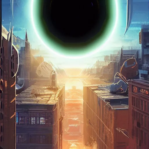 Image similar to black hole rising above city, city destroyed by shockwave, black hole with accretion disс, digital art, vector logo, sticker, art by stefan koidl, brock hofer, marc simonetti