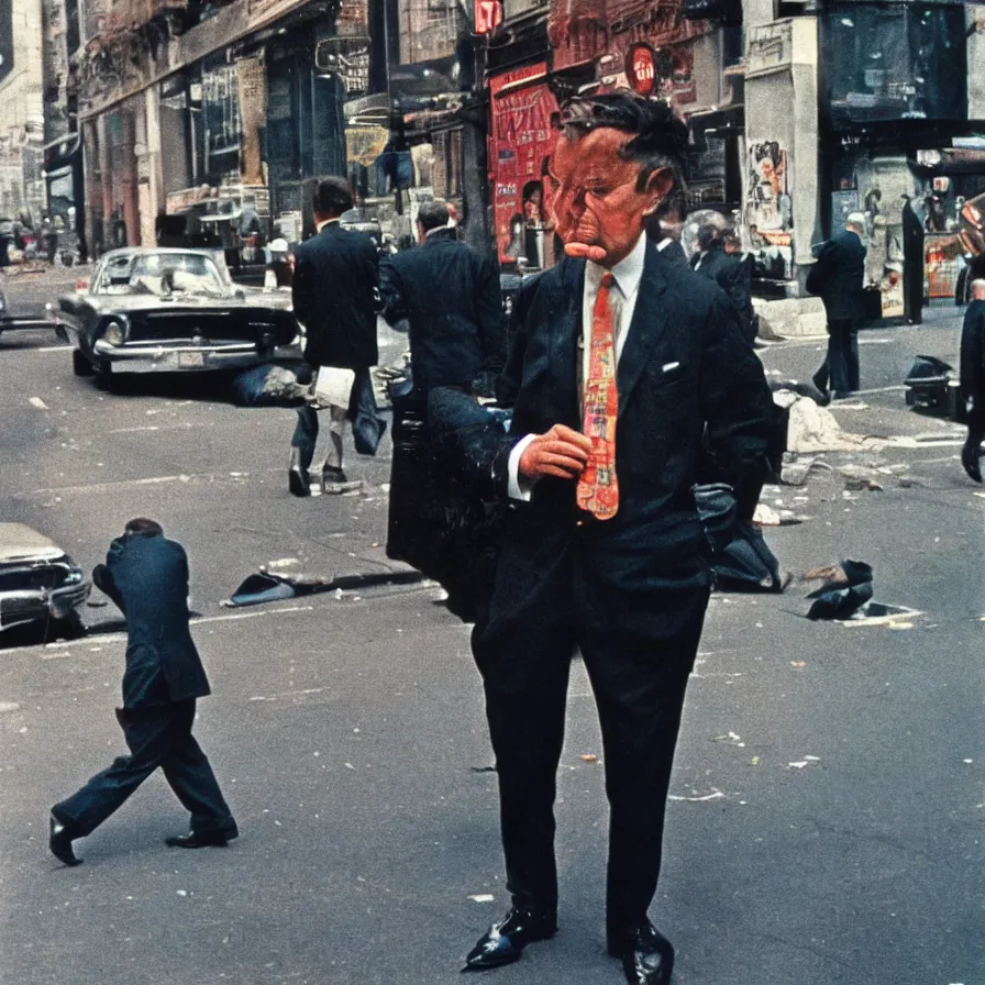 Image similar to portrait of a man in a suit in the streets of new york, 1 9 6 0 s, colour film street photography, photo taken with ektachrome, featured on flickr, photographed on damaged film