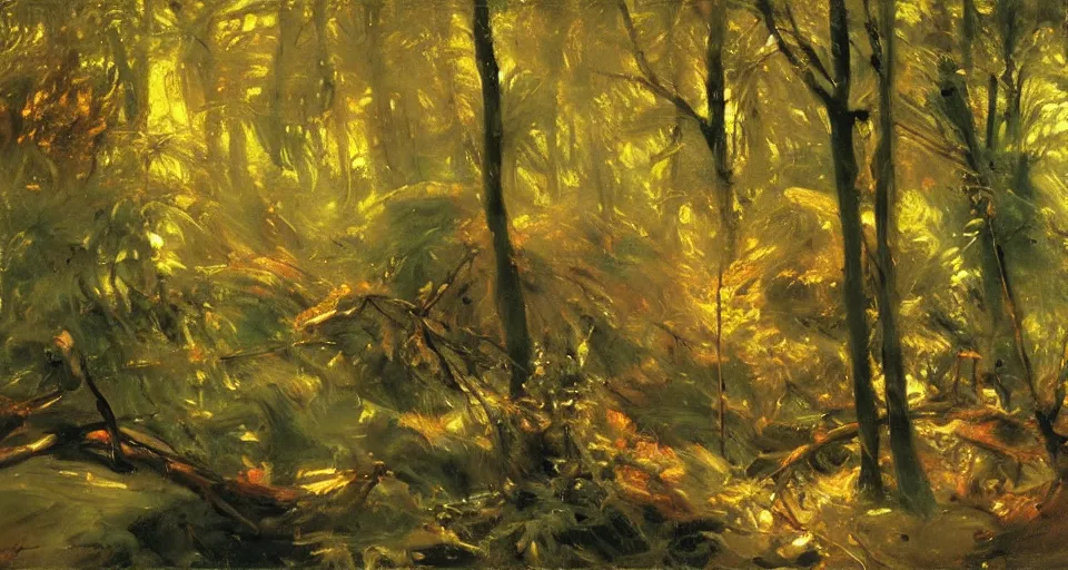 Image similar to dark forest, oil painting, vivid colors, brush strokes, elegant, highly detailed, by richard schmid and john singer sargent