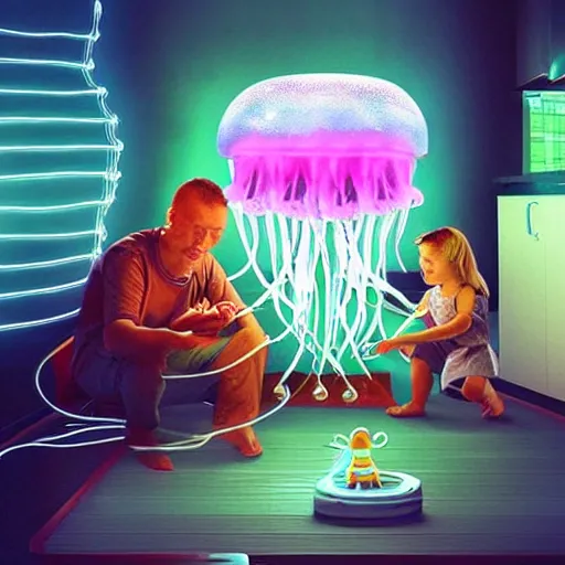 Image similar to “ cute alien floating jellyfish pet, made of electricity jelly and computer circuits, playing with adorable toddler girl, in a futuristic log cabin living room ”