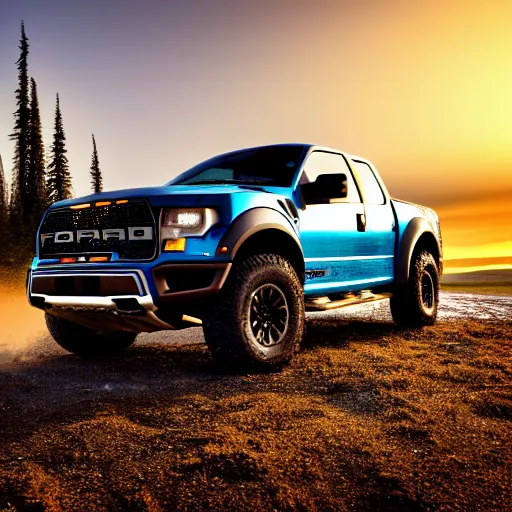 Prompt: a highly detailed photo of a ford raptor in alberta canada at sundown, 4 k high - resolution photograph, ultra detail, hd photo